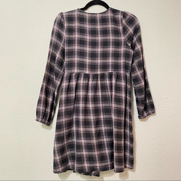 American Eagle Grey Pink Plaid Long Sleeve Wrap Dress Womens S Fall Flannel Mini - Picture 11 of 11